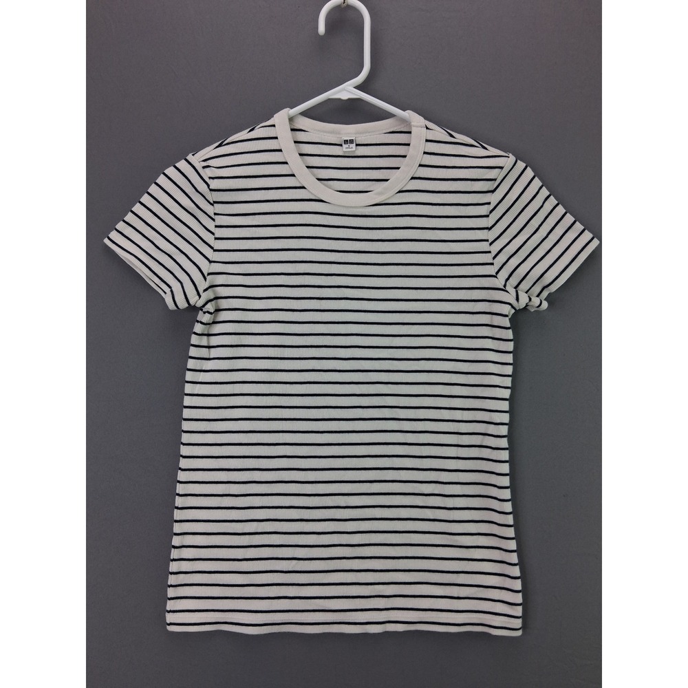 Uniqlo Ribbed Striped T-Shirt Womens Small White Navy Blue Crew Neck Short Slv